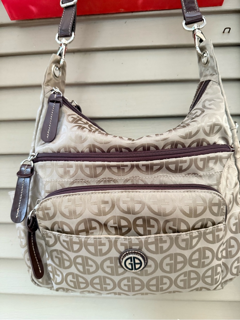 Gianni Bini Beige and Dark Brown Monogram Shoulder Bag